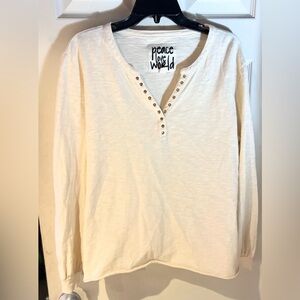 Peace Love World Ivory Long Sleeve Tee with Button Detail